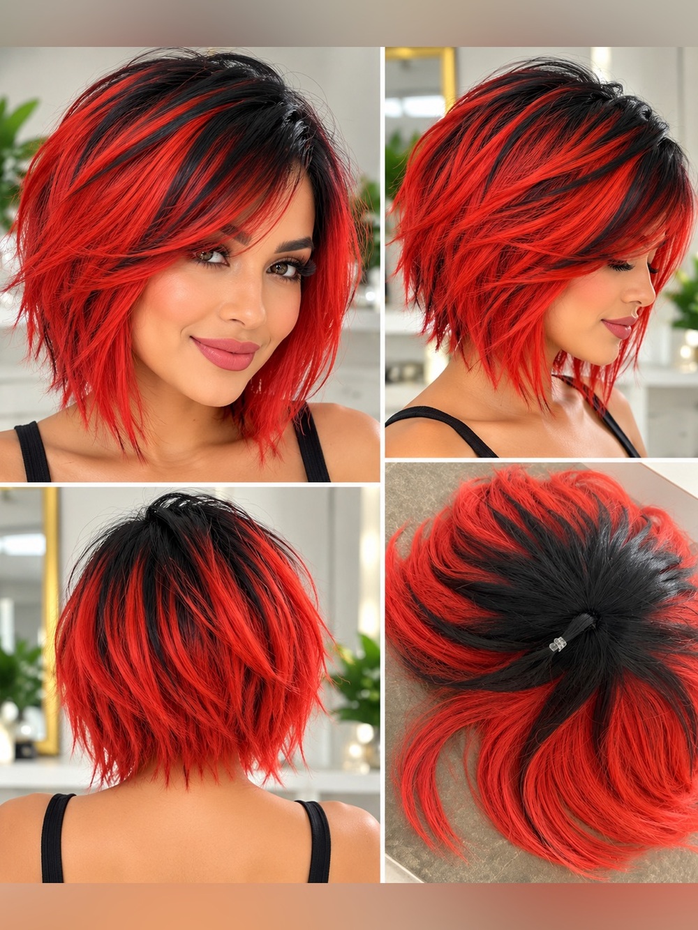 Bold Red with Black Roots Layered Bob Wig - Women Hair